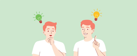 two young men thoughtfully brainstorming generating innovative ideas