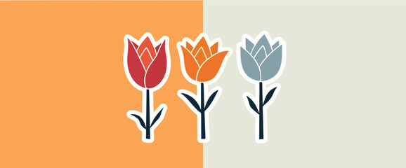 three stylized tulips in red and blue-gray hues