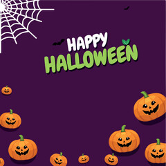 happy halloween greeting card with carved smiling pumpkins