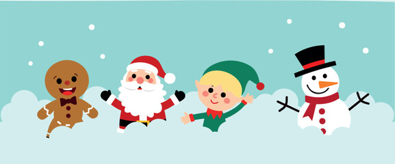 playful christmas characters: gingerbread man santa claus elf and snowman in snowy scene