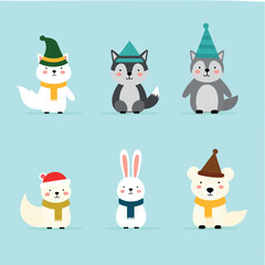 six adorable winter animals in festive hats and scarves