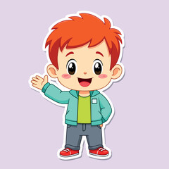 cheerful cartoon boy with hair and welcoming wave