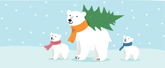 bear family carrying a christmas tree in a snowy winter scene
