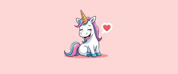 cheerful unicorn sitting happily with a heart-shaped speech bubble