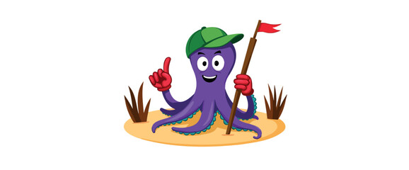cheerful purple octopus cartoon character holding flag on a sandy beach