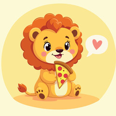 adorable cartoon lion cub happily eating pizza