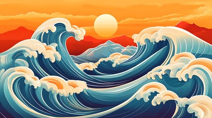 Sunset over dramatic ocean waves.