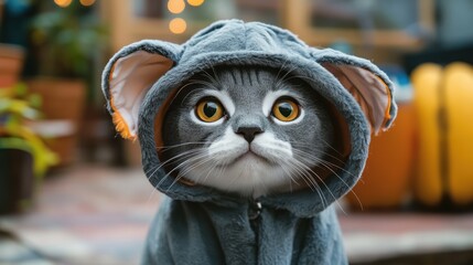 A cute gray cat wearing an adorable mouse hoodie jacket