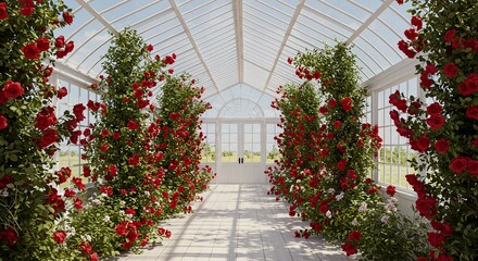 Elegant Glass Conservatory with Vibrant Red Rose Displays and Natural Light Streaming Through the Roof.