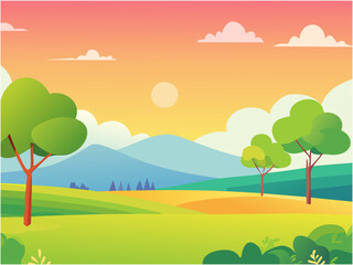 Naklejka premium ほのぼのとした自然の夕焼けの風景をイメージしたポップなテイストの背景素材