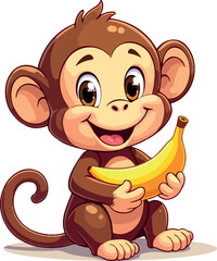 Fototapeta premium cheerful cartoon monkey holds a large yellow banana