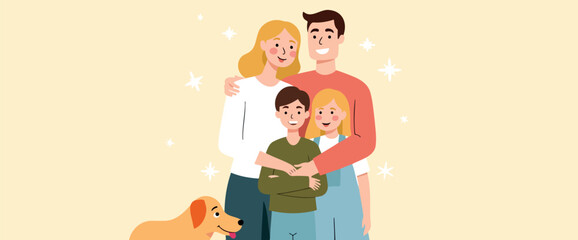 happy family with two children and a dog embracing affectionately