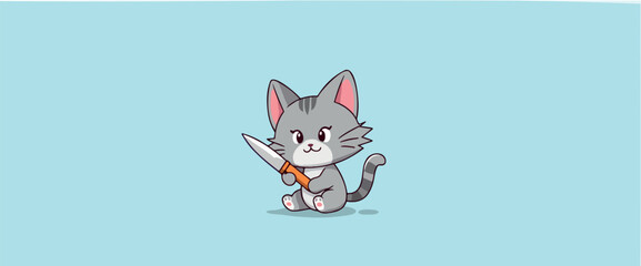 adorable gray kitten cartoon holding a knife