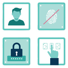 four teal colored security access control illustrating user profile rejected fingerprint password lock and a hand on access buttons