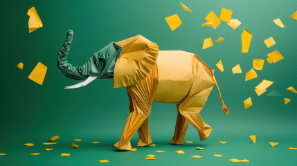 A yellow origami elephant with a green head and trunk stands on a green surface surrounded by scattered yellow paper.