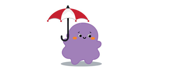 cheerful purple blob character holding a red and white umbrella