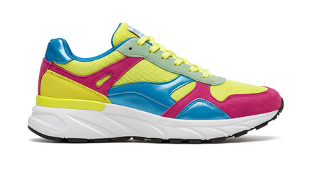 Bold Retro Sneakers in Vibrant Yellow, Pink, and Blue, showcasing a playful and energetic design with chunky white sole.