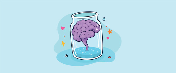 whimsical of a purple brain inside a glass jar