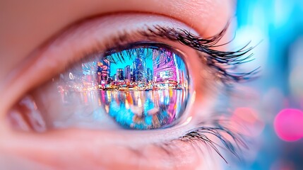 City lights reflected in a womans eye at night