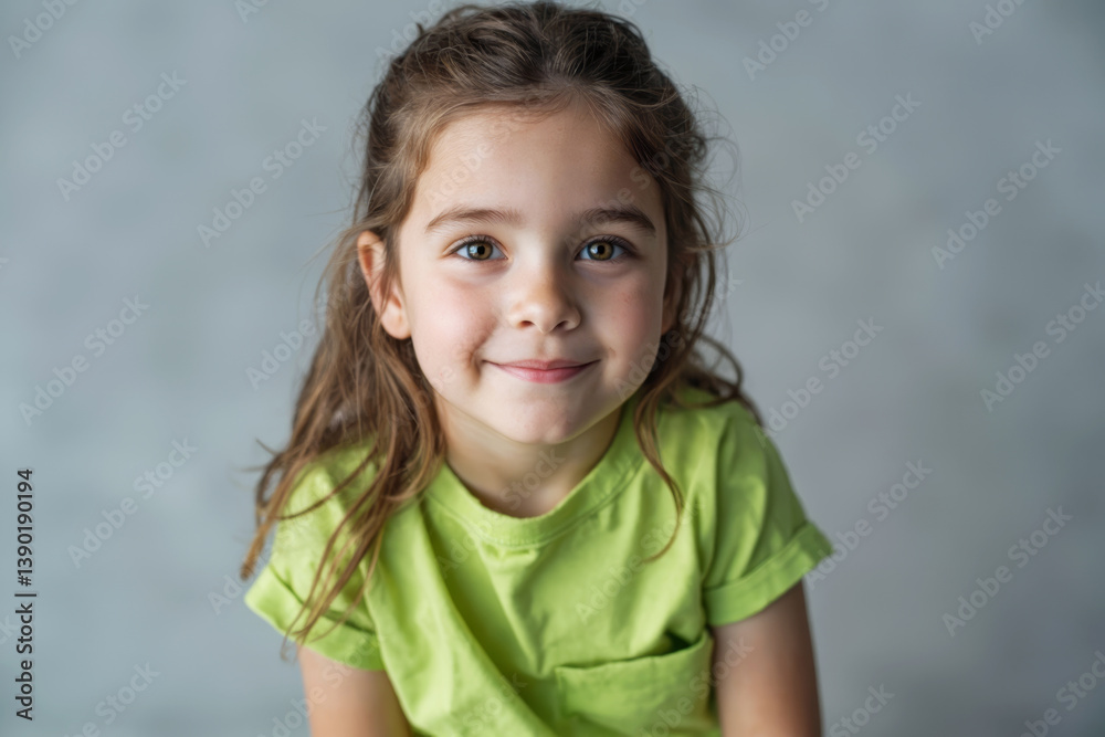 Poster Portrait of smiling young girl in green shirt with soft light and abstract background in studio setting. Ai generative.