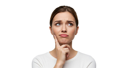 A young woman with fair skin is in deep thought, looking up and to the side with a pensive expression, hand on her chin, against black.