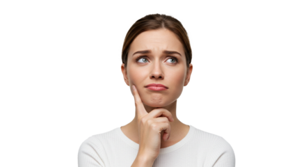 A young woman with fair skin is in deep thought, looking up and to the side with a pensive expression, hand on her chin, against black.