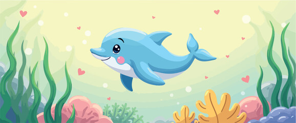 cute cartoon dolphin swimming in a whimsical underwater scene