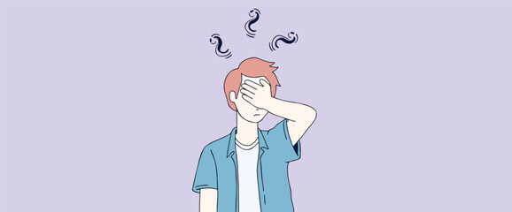 young person covering their eyes with question marks above