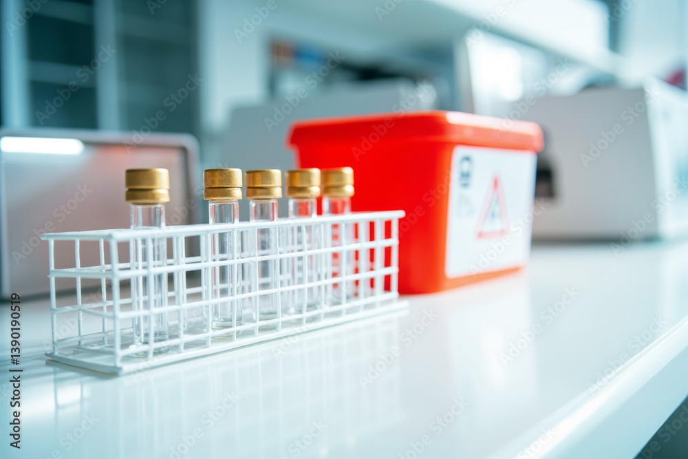 Poster Laboratory test tubes with golden caps in rack on white surface with biohazard disposal container in bright light background. Ai generative.