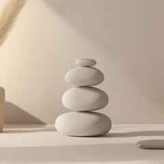 a work of art with 4 stones arranged on top of each other, with a plain wall background, there are shadows, aesthetic and elegant