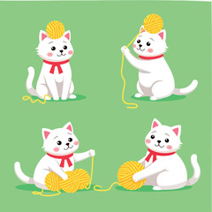 four white kittens playfully interacting with yellow yarn balls in a cheerful
