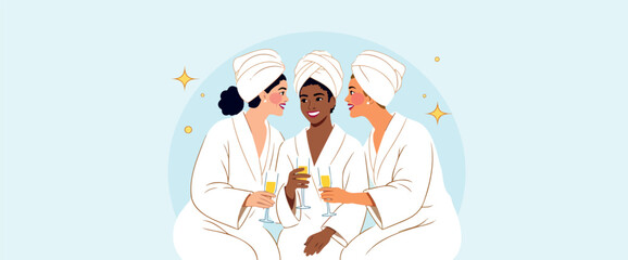 three cheerful women in white bathrobes and turbans enjoy champagne together