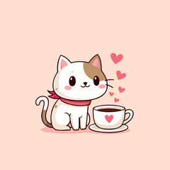 adorable cartoon cat enjoying coffee with hearts