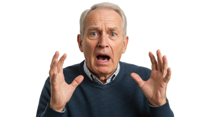 Senior man shows extreme surprise and fear, eyes wide, mouth open, hands up. Image conveys a strong sense of shock and disbelief.