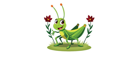 cheerful green grasshopper smiles amidst red flowers and green grass