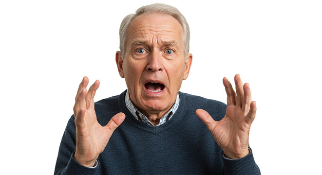 Senior man shows extreme surprise and fear, eyes wide, mouth open, hands up. Image conveys a strong sense of shock and disbelief.