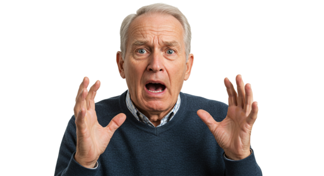 Senior man shows extreme surprise and fear, eyes wide, mouth open, hands up. Image conveys a strong sense of shock and disbelief. - Powered by Adobe