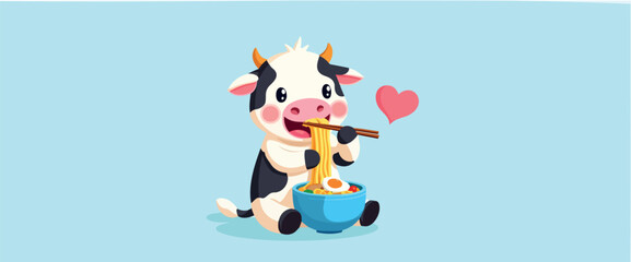 happy cartoon cow enjoying noodles