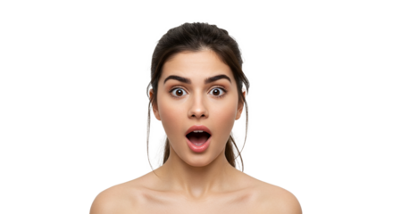 A fair-skinned woman with dark hair and wide eyes expresses shock with her mouth open against a stark black background. Portrait style photo.