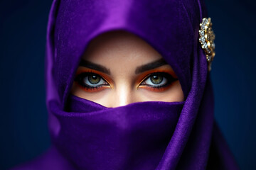 Naklejka premium Close-up of mysterious woman with striking green eyes wearing deep purple hijab and ornate accessory on dark background. Ai generative.