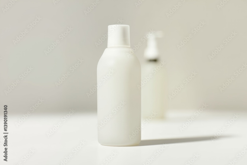 Poster white plastic cosmetic bottle on clean light background with copyspace for branding or product desig