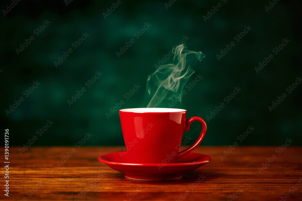 Poster hot red coffee cup with rising steam on wooden table and dark green abstract background in warm ligh