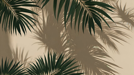 Overlapping Green Palm Leaves Against a Beige Background Nature's Elegance with Captivating Light and Shadow Patterns