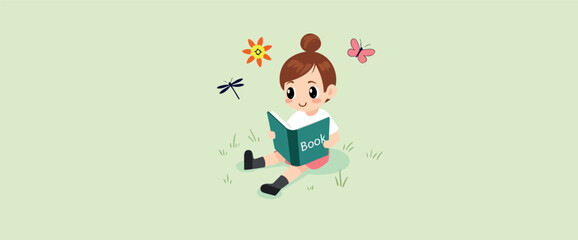 cheerful young girl enjoys reading a book surrounded by nature