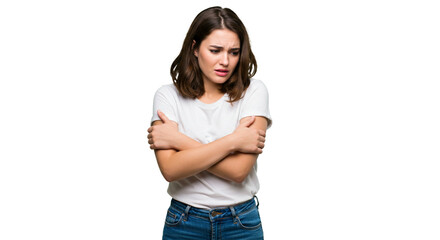 Young woman in t-shirt, hugging herself, looking anxious.  Could be cold, scared, lonely or insecure. Simple studio shot. White background