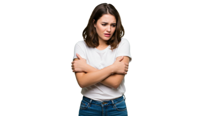 Young woman in t-shirt, hugging herself, looking anxious.  Could be cold, scared, lonely or insecure. Simple studio shot. White background