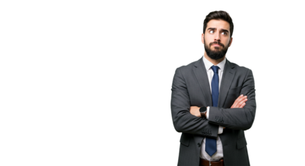 A confident businessman in a suit stands with arms crossed, gazing upward as he contemplates a business issue with a slightly puzzled expression.