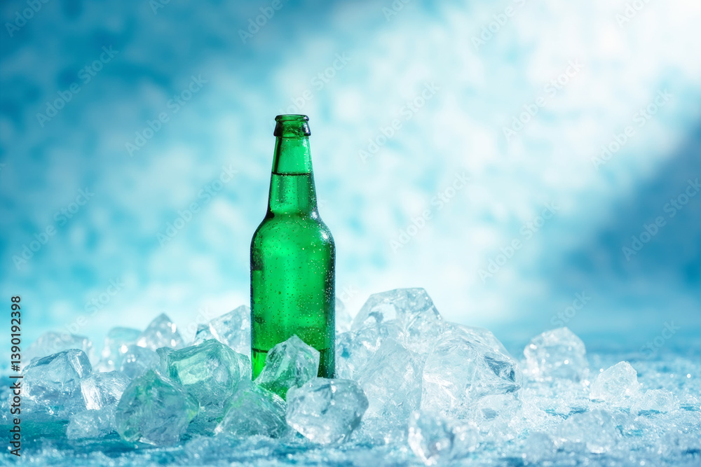 Poster green glass bottle in ice cubes on light blue background with empty copyspace for branding or creati