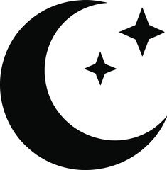 crescent moon and stars, moon and stars, star with moon silhouette vector icon on white background.
