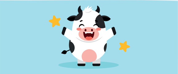 cheerful cartoon cow smiles joyfully while holding two yellow stars